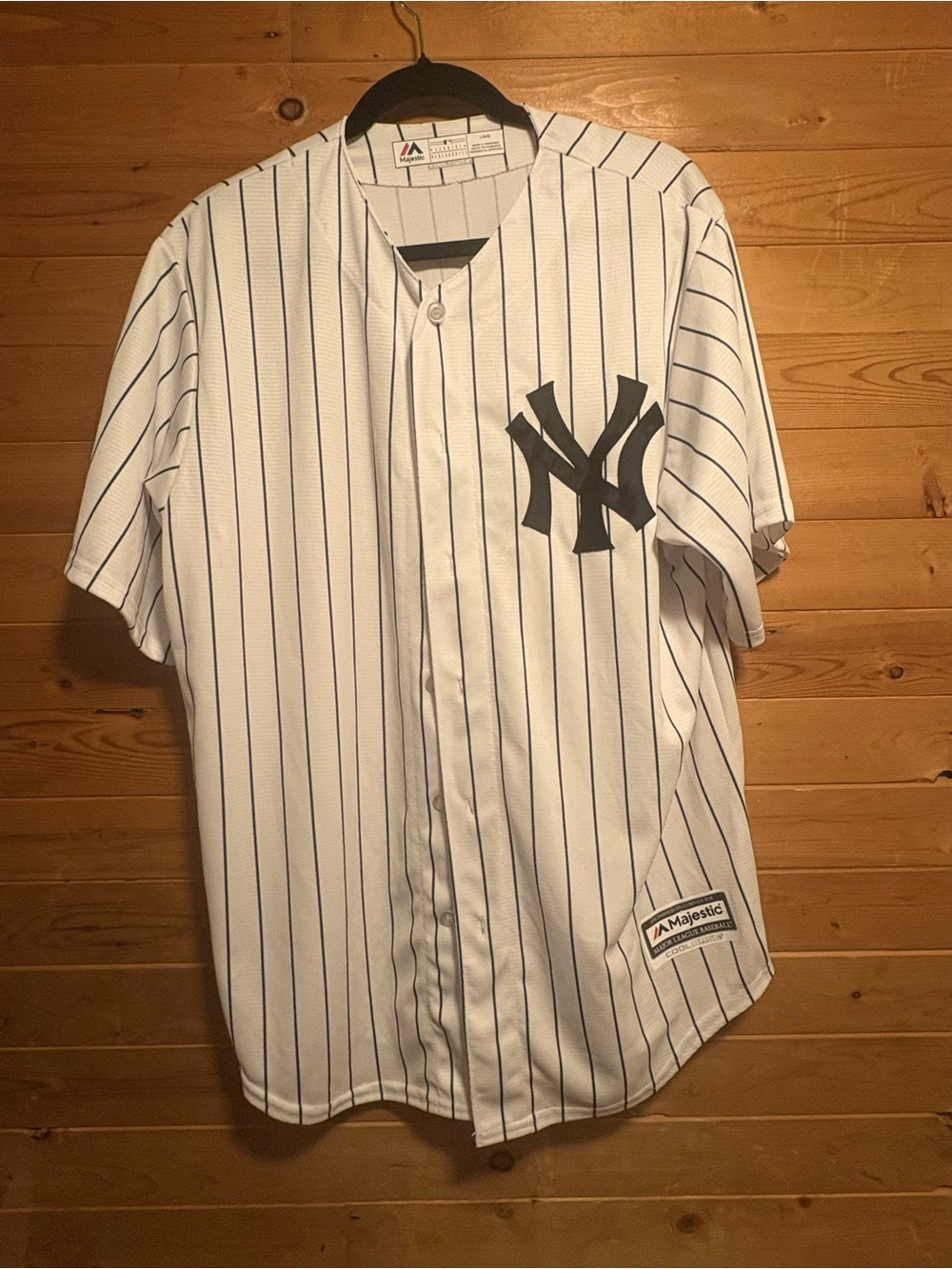 Majestic White Pinstripe Baseball Jersey with Navy Logo